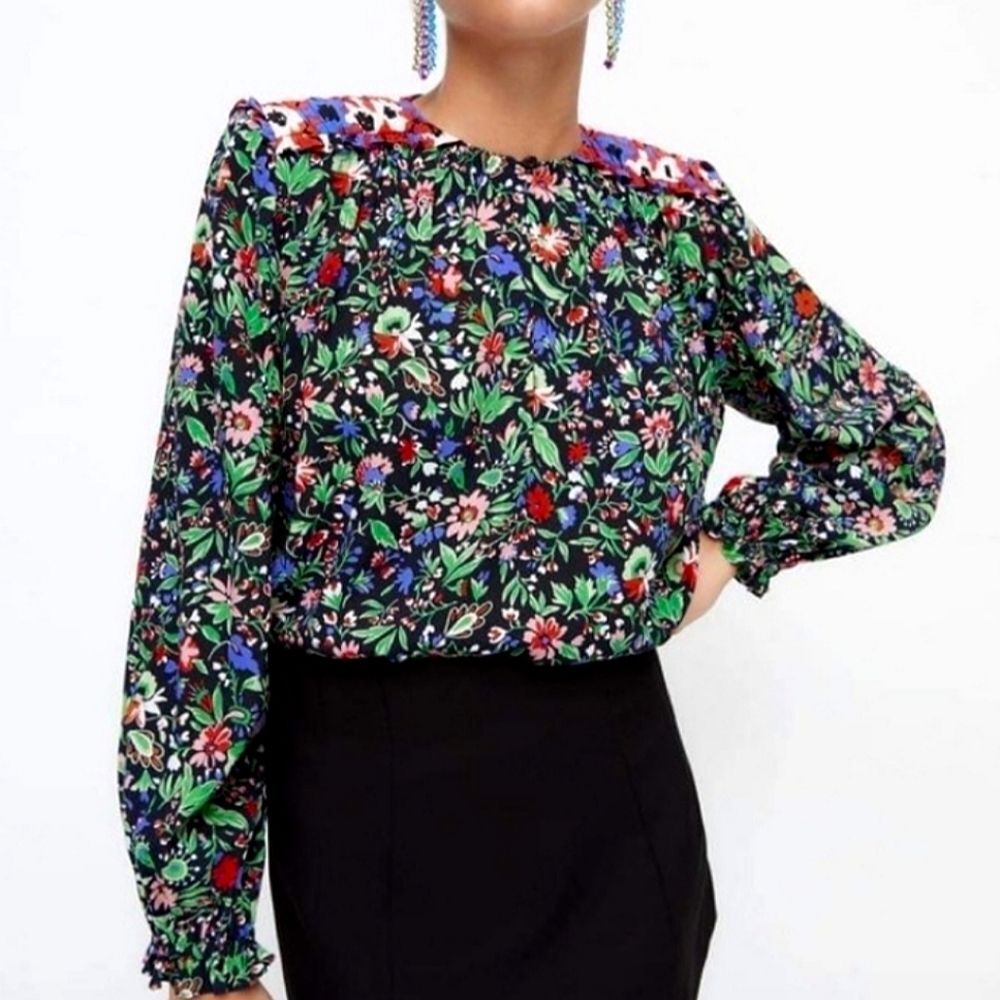 Zara floral print shoulder pad patchwork blouse S